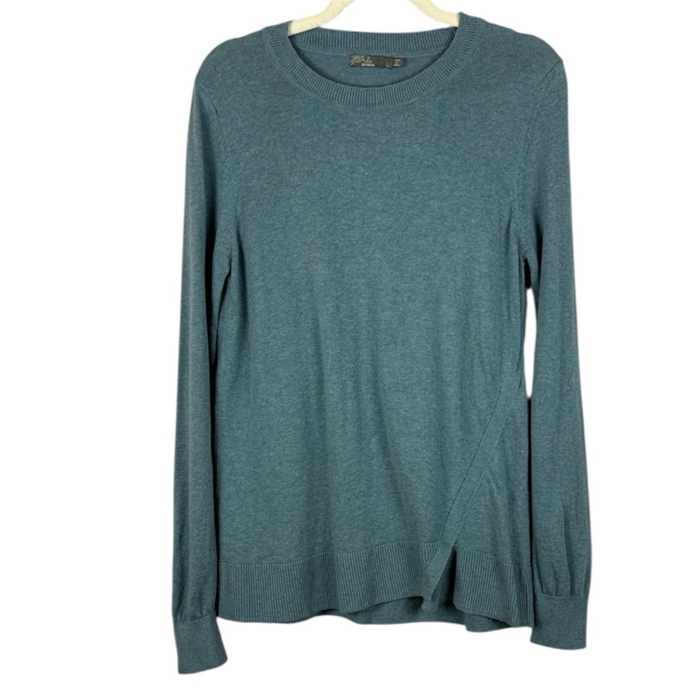 Prana Heathered Blue Crewneck Long Sleeve Asymmetrical Crossover Front Sweater